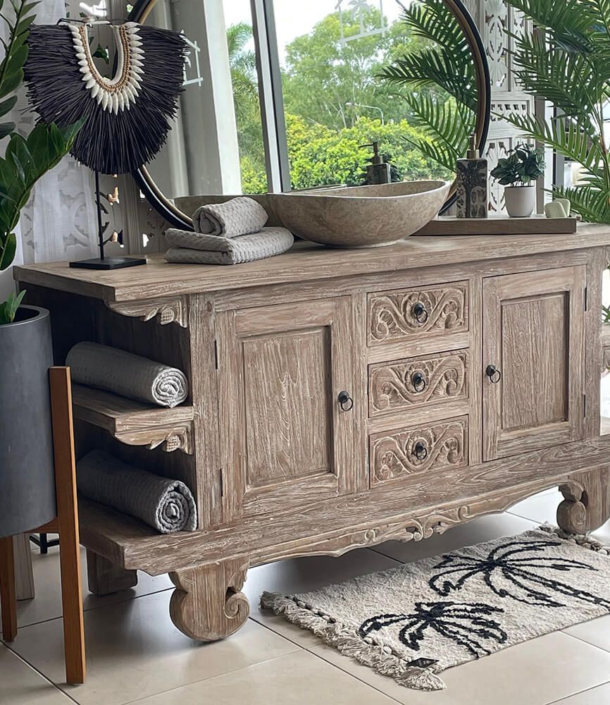 Rustic Wooden Bathroom Cabinet — Tropic Living in Palm Cove, QLD