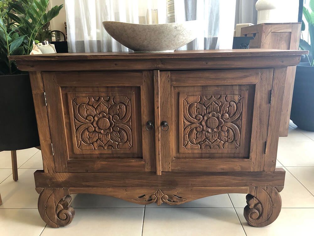 Unique Small Wooden Buffet With Decorative Carvings — Tropic Living in Palm Cove, QLD