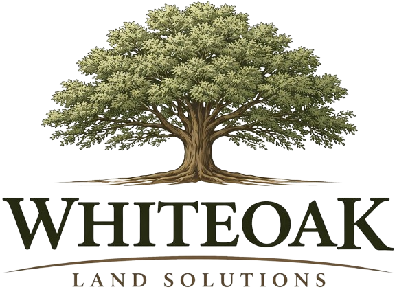 Logo for Whiteoak Land Solutions featuring a detailed, wide-spreading oak tree above the company name in dark serif text.