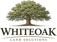Logo for Whiteoak Land Solutions featuring a detailed, wide-spreading oak tree above the company name in dark serif text.