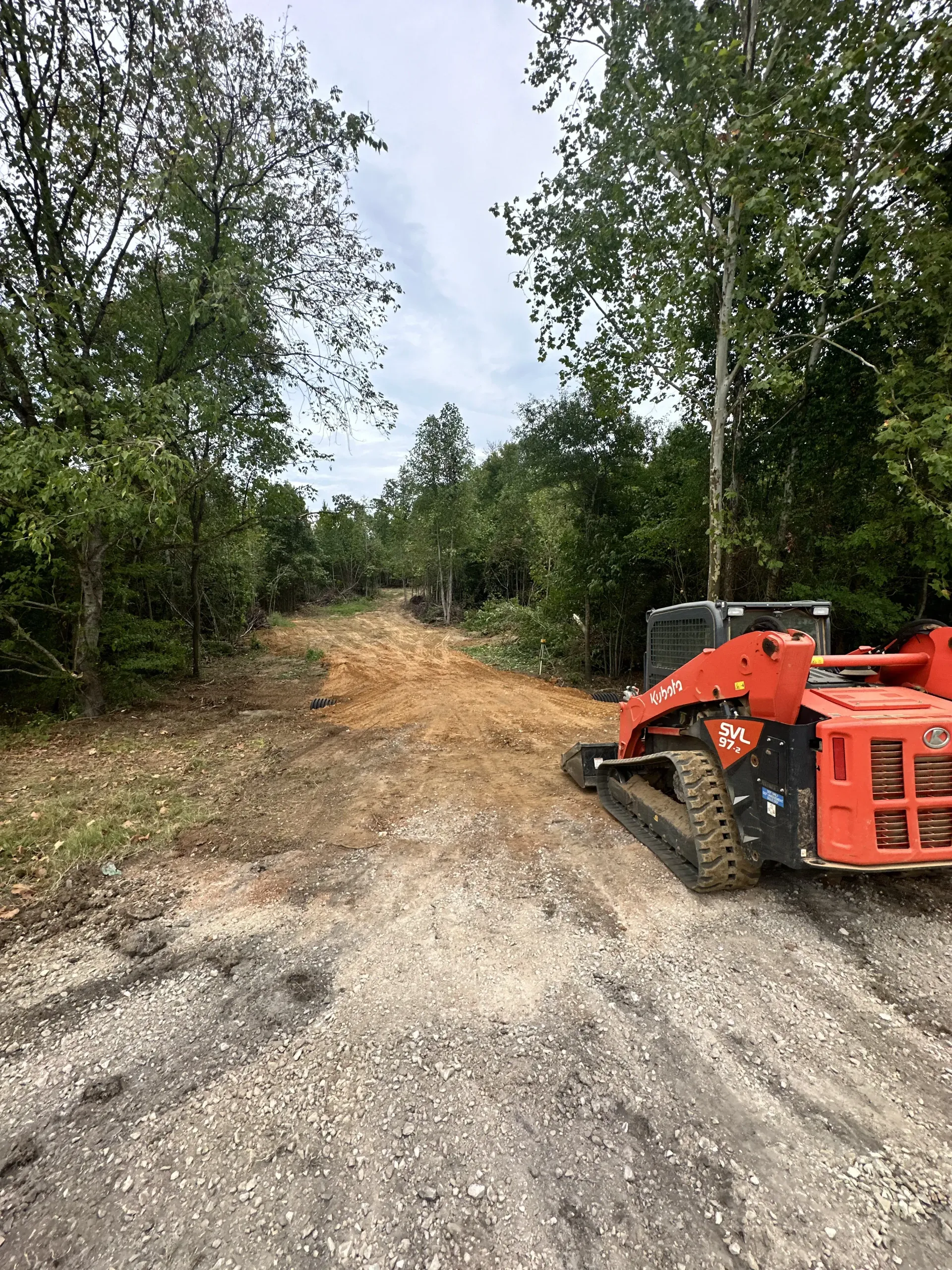 A bright orange tracked skid steer loader parked on a gravel path at the edge of a wooded area being cleared.