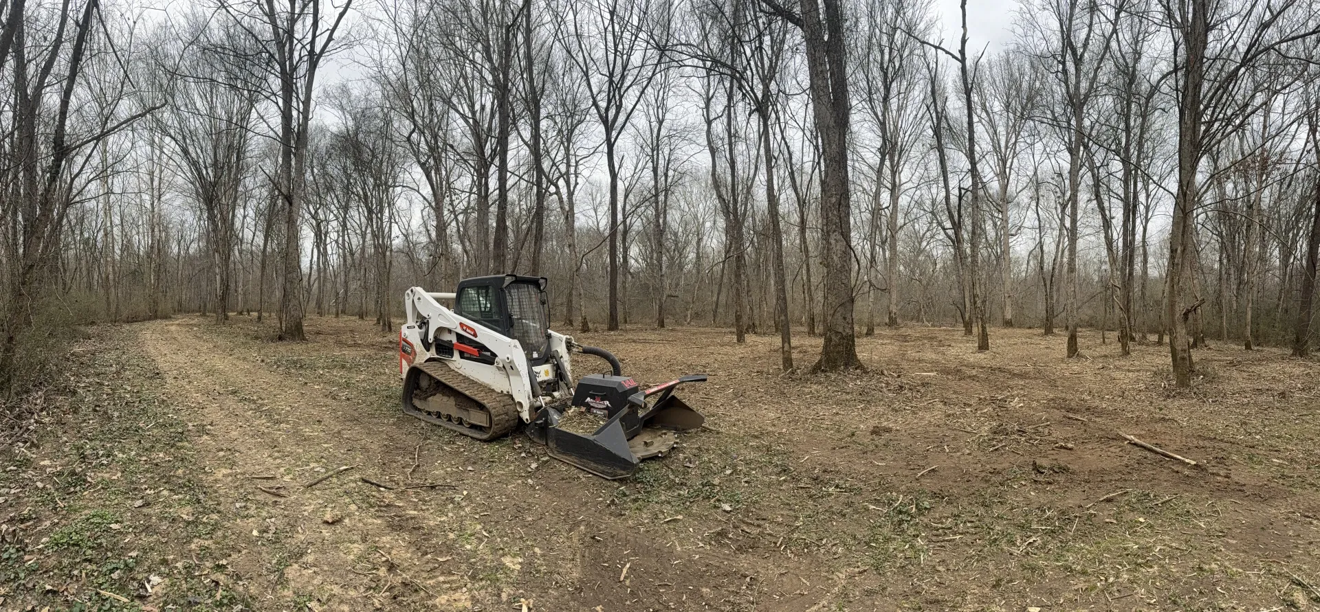 A white Bobcat compact track loader sits in a wooded area, surrounded by bare trees and fallen leaves.