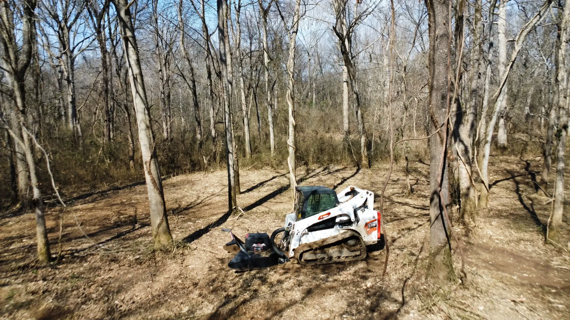 A white skid-steer loader clears brush and small trees in a wooded area on a sunny day.