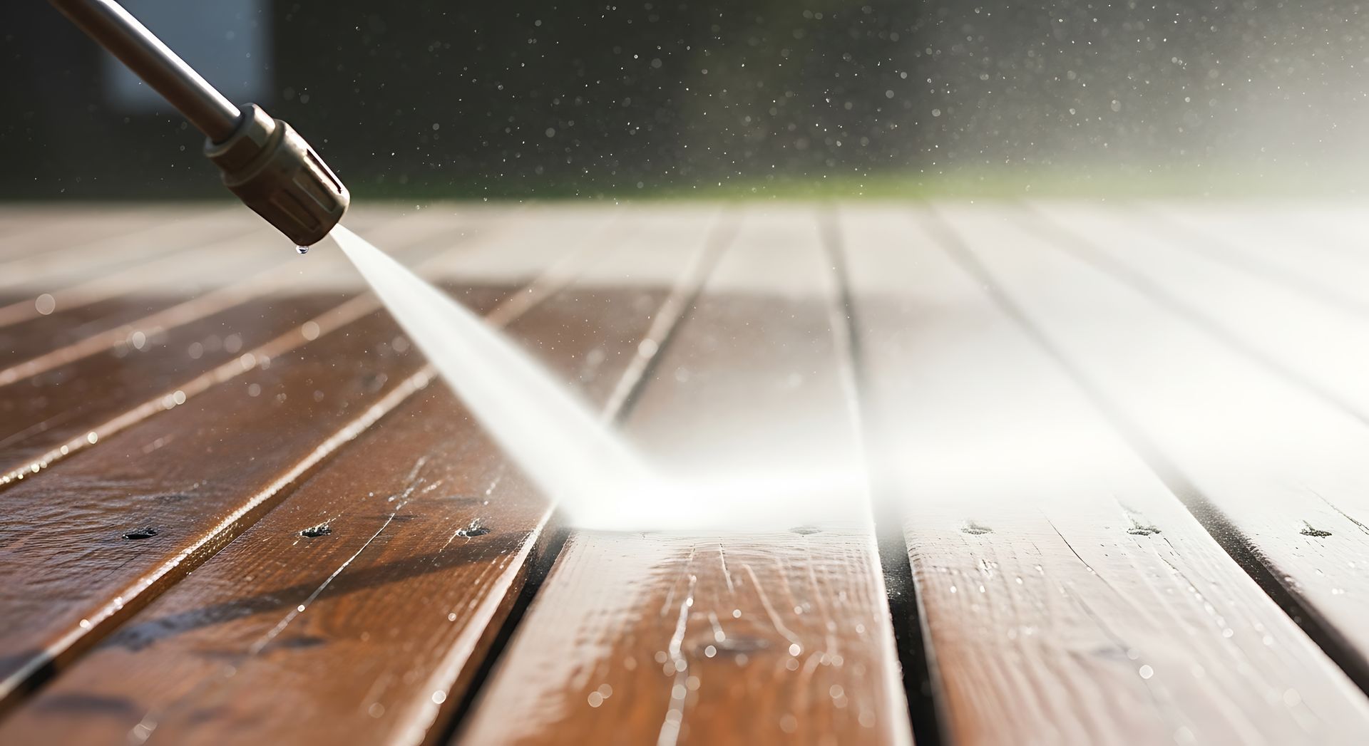 Power washer spraying water onto a wooden deck.