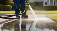 Person in blue overalls power washing a paved walkway, causing water spray and reflection.