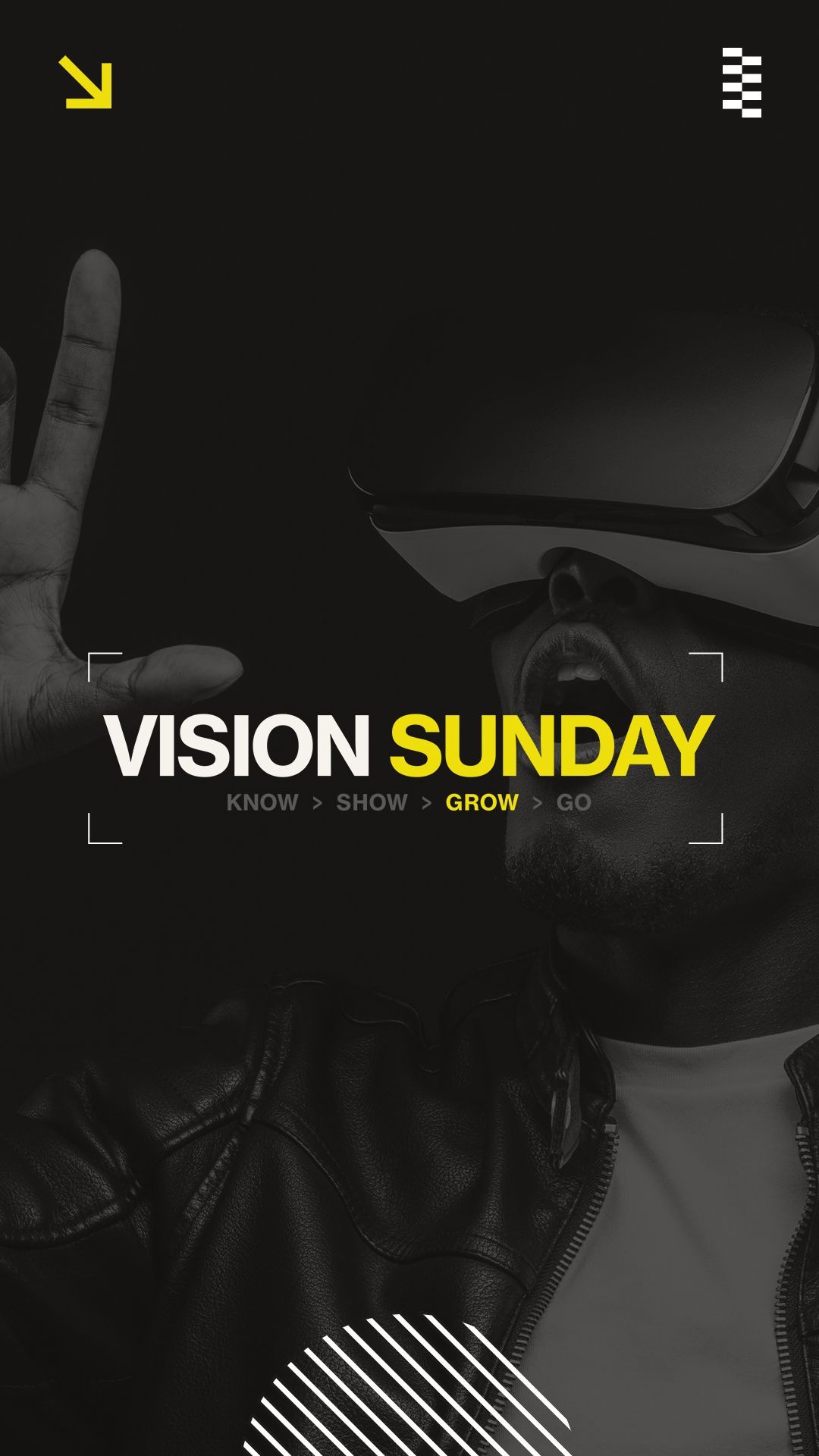Graphic of man wearing VR headset and text Vision Sunday know, show, grow, go - Mosaic Church, Freeport, FL