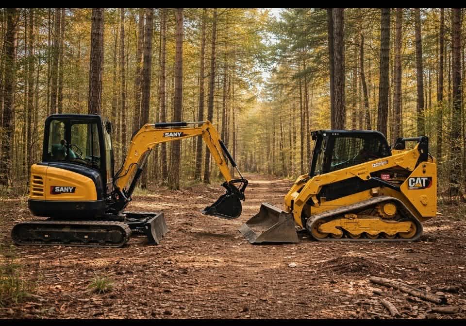 Yellow Caterpillar excavator and skid steer on a forest path.