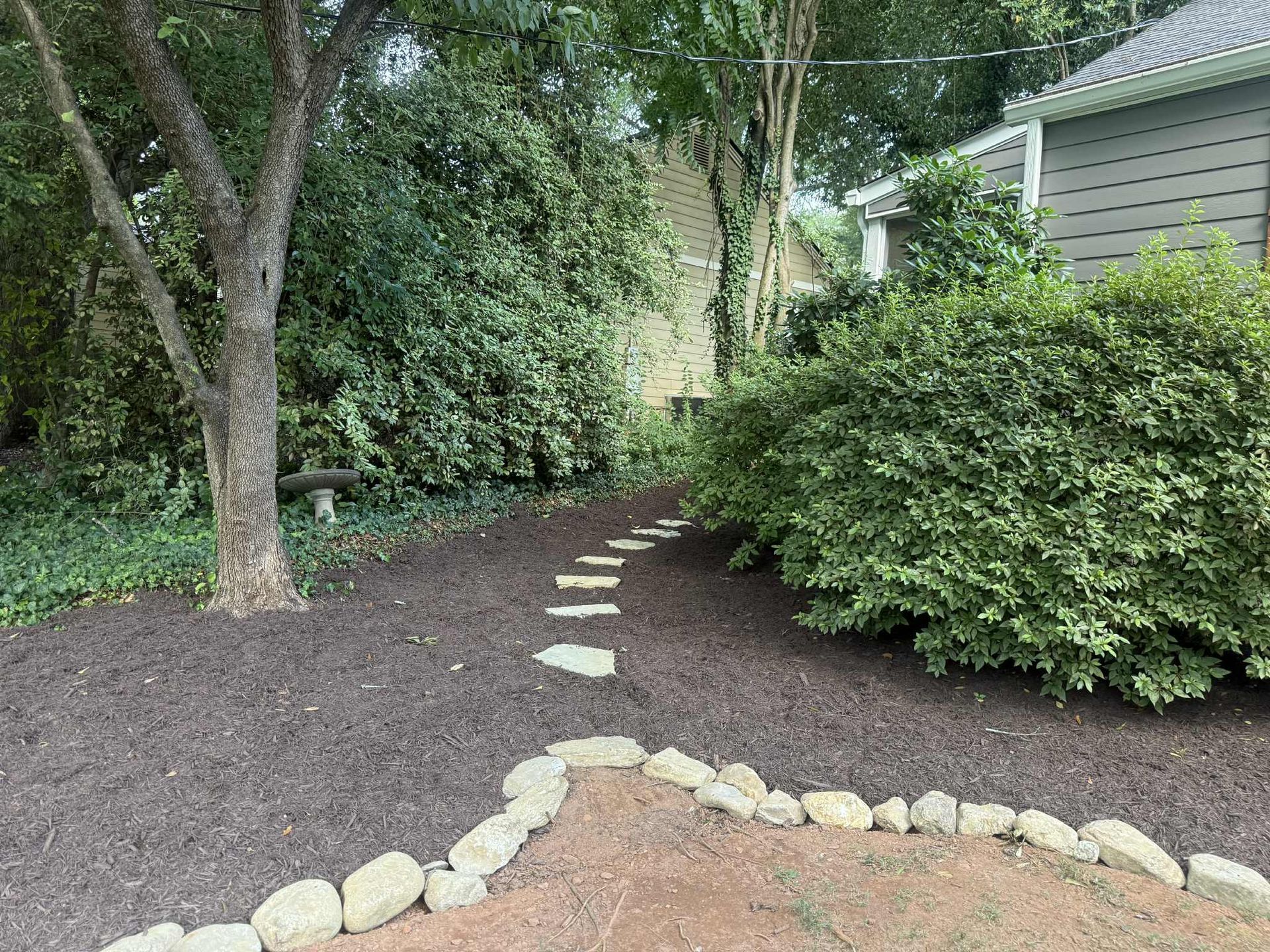 Stone path through garden with bushes and trees.