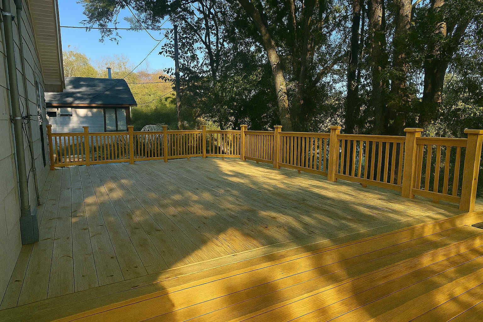 Wooden deck with railing, connected to a building, with a forest background.