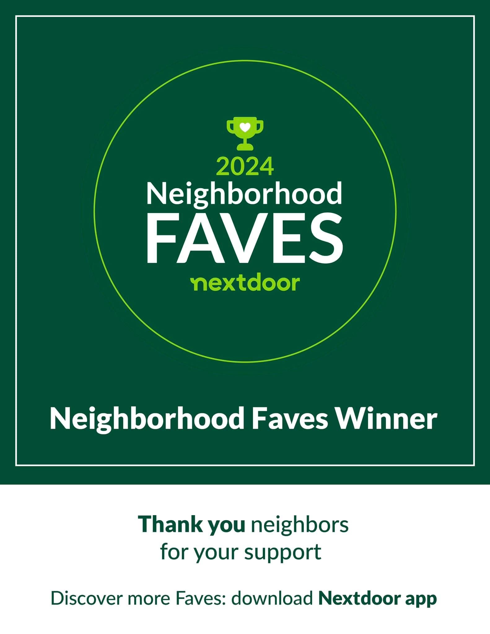 Neighborhood Faves Winner badge from Nextdoor app, green with a gold trophy, text: 