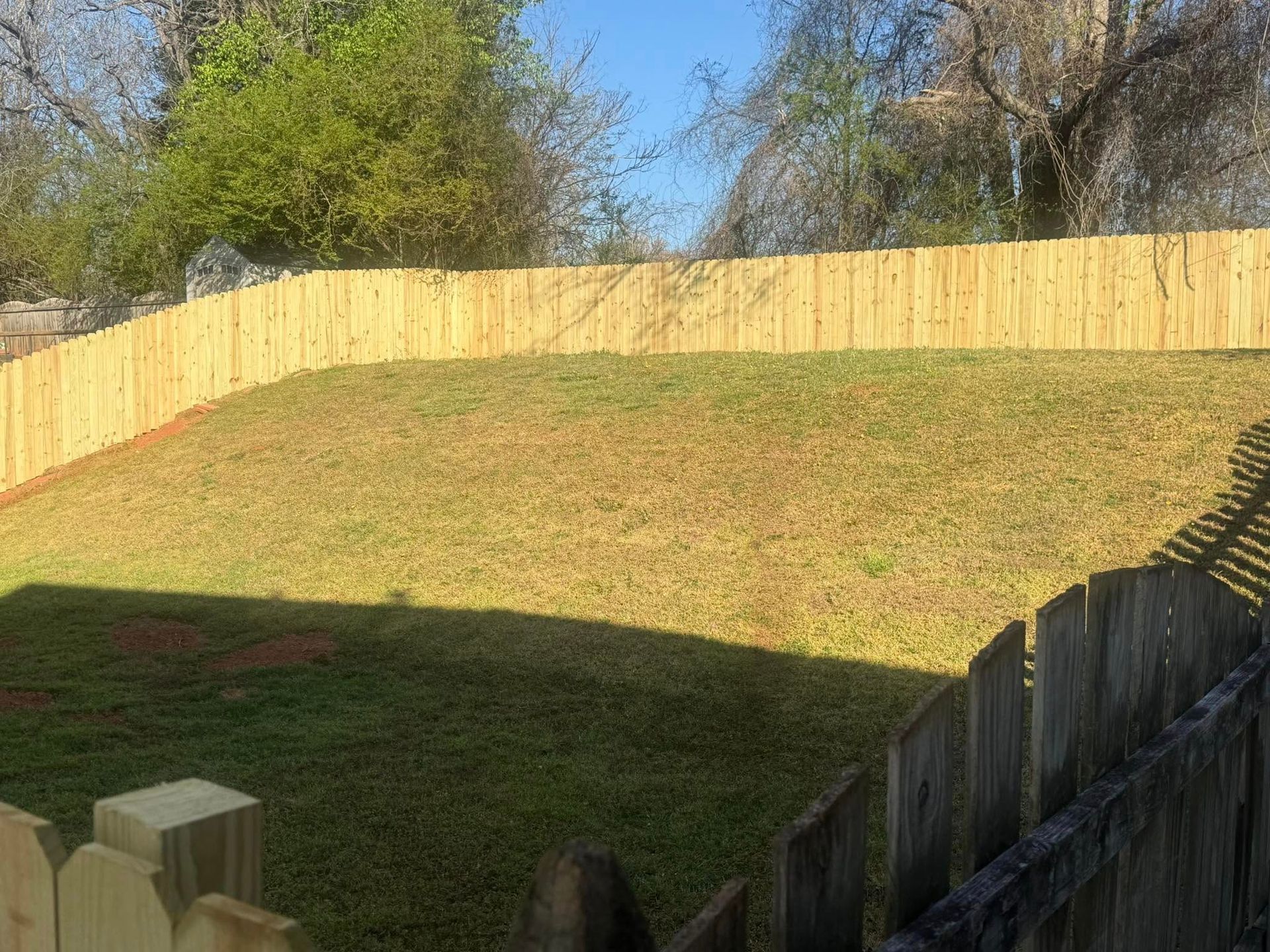 Wooden fence surrounding a grassy yard on a sunny day.