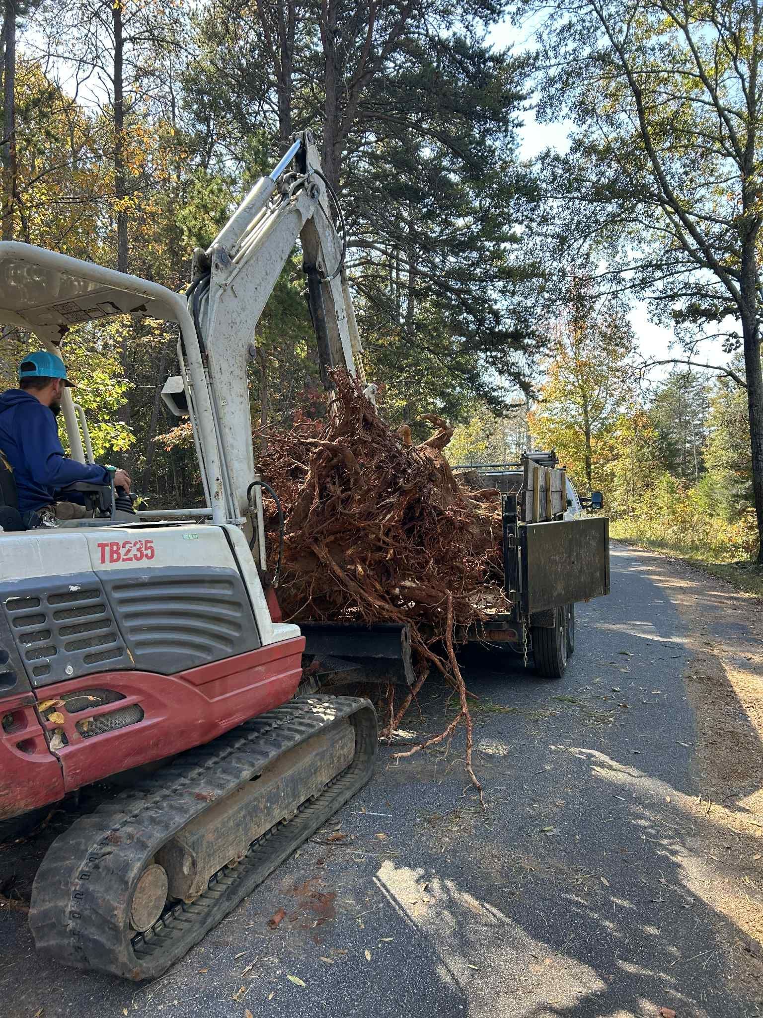 An excavator loading tree debris into a trailer on a dirt road. A person is operating the excavator.
