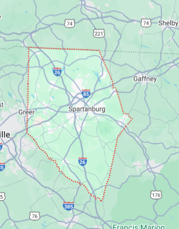Map of Spartanburg County, South Carolina, with major roads and towns labeled.