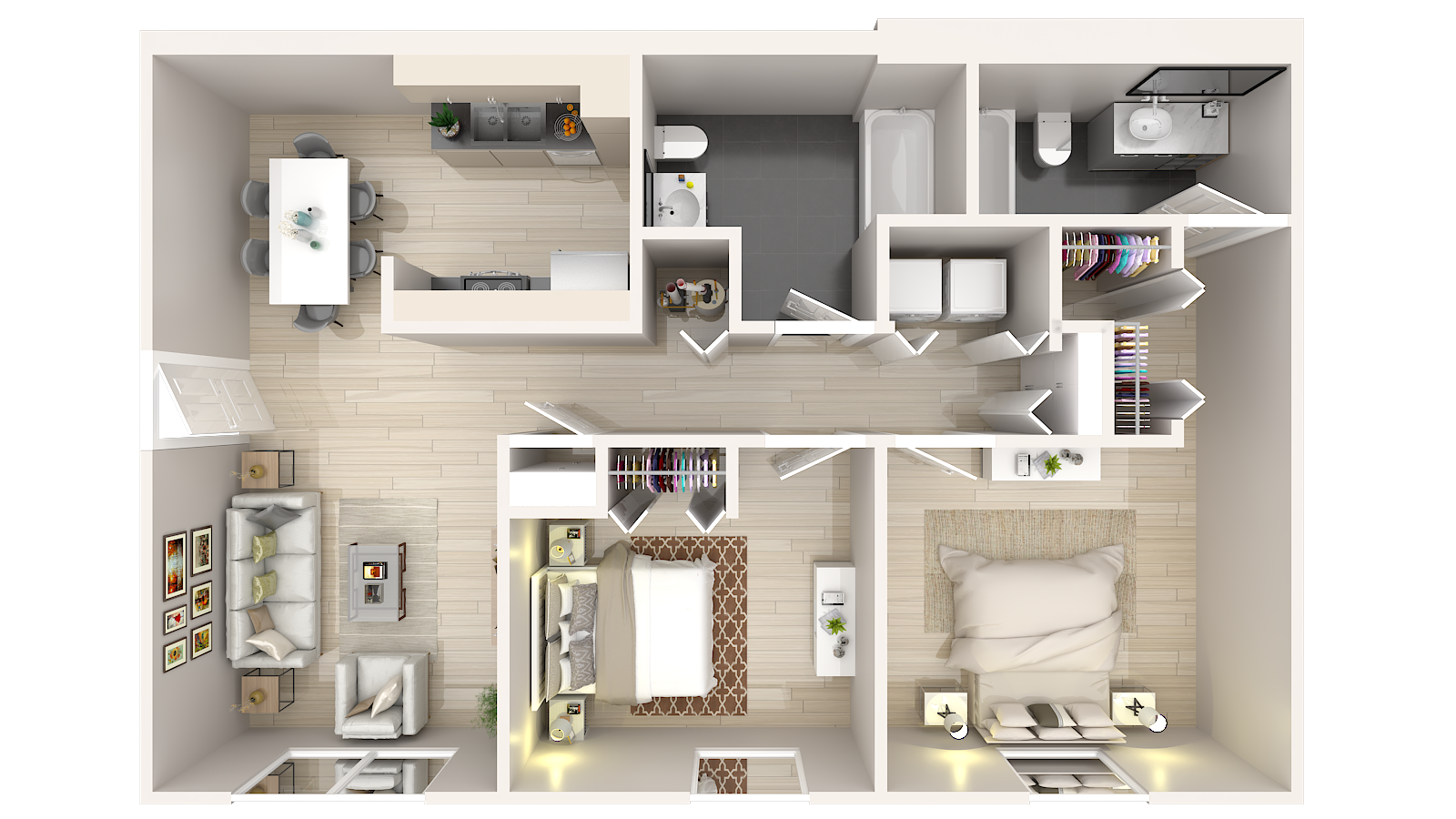 A 3d floor plan of a house with a bedroom , living room , dining room , and bathroom.