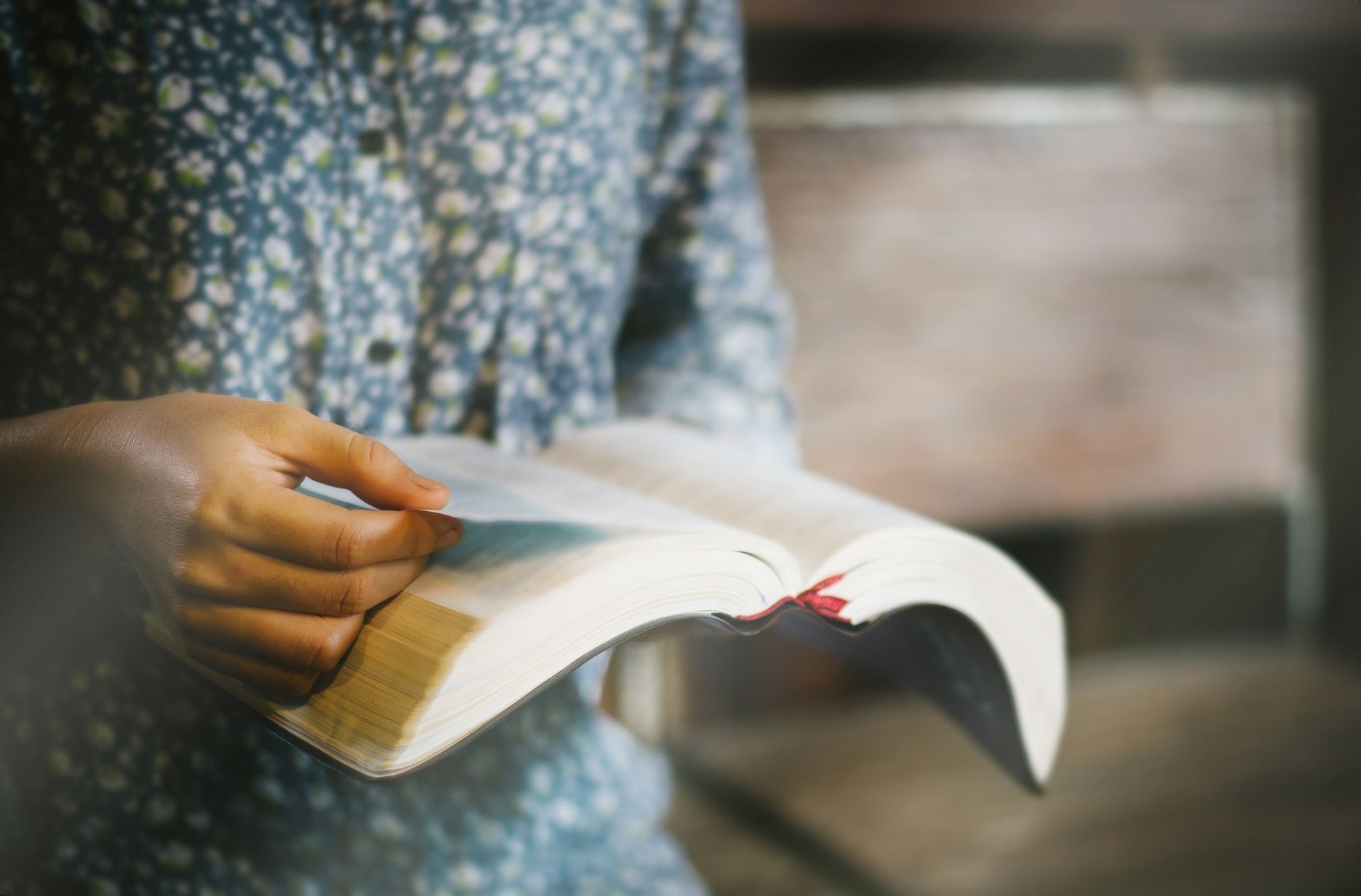 Person holding open book, floral dress, indoors, reading.