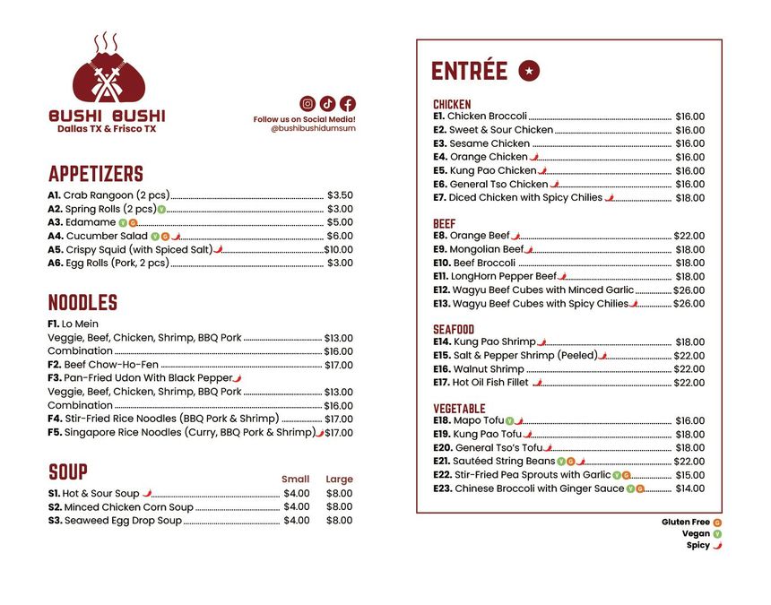 Restaurant menu with appetizers, noodles, soup, and entrees on a white background with red accents
