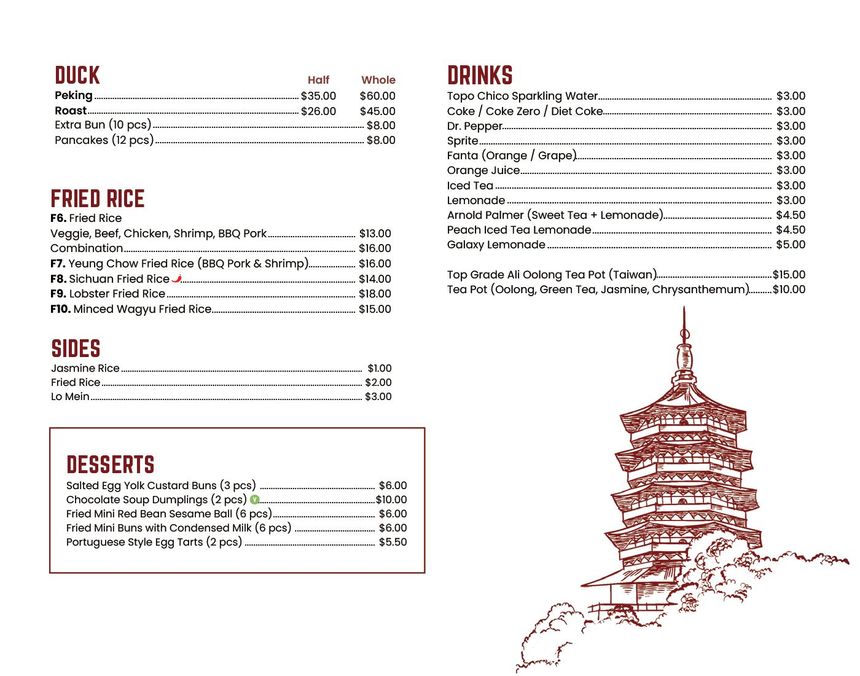 Red-and-white restaurant menu with sections for duck, fried rice, sides, desserts, and drinks, plus a pagoda illustration