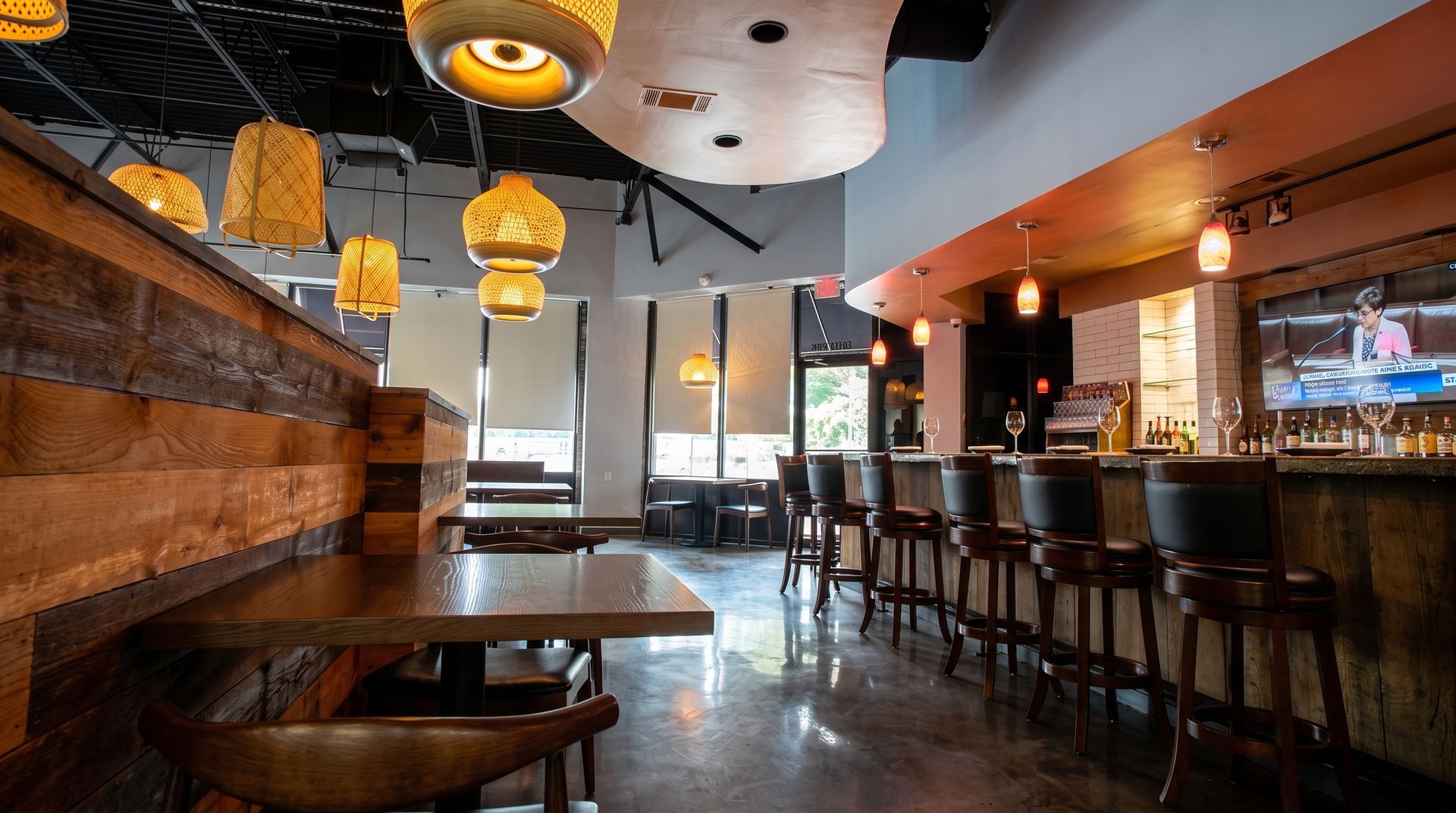 Empty modern bar interior with stools, warm pendant lights, and large windows in the background