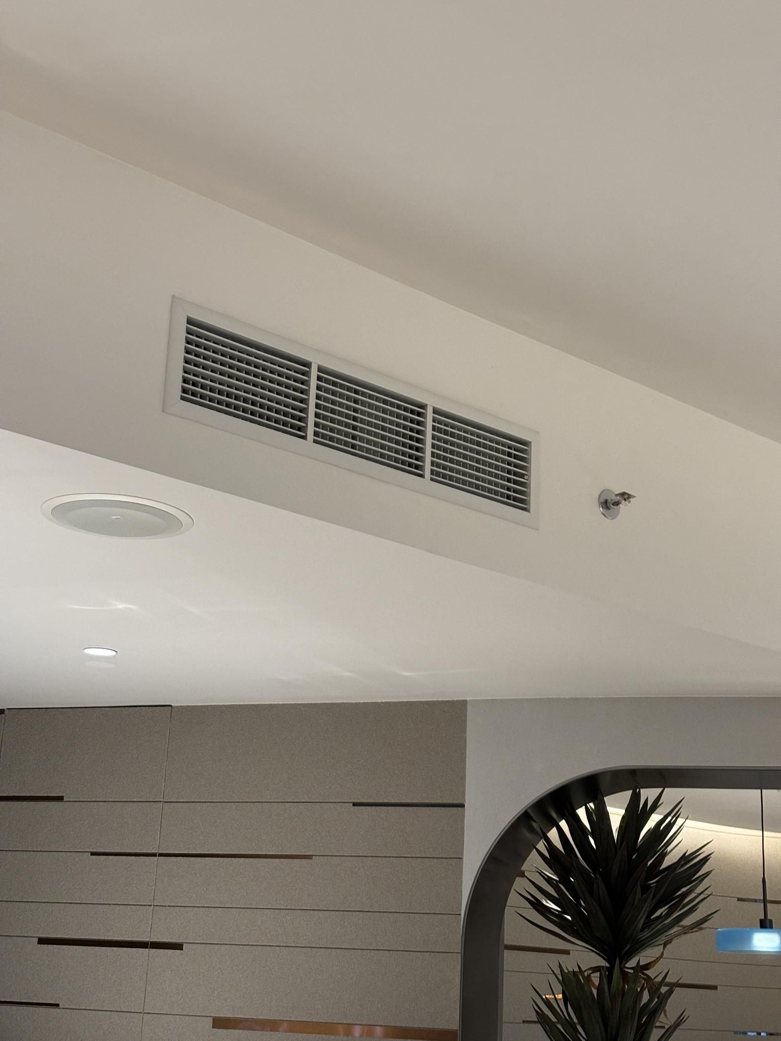 White ceiling with rectangular air vent, a light, and a plant.