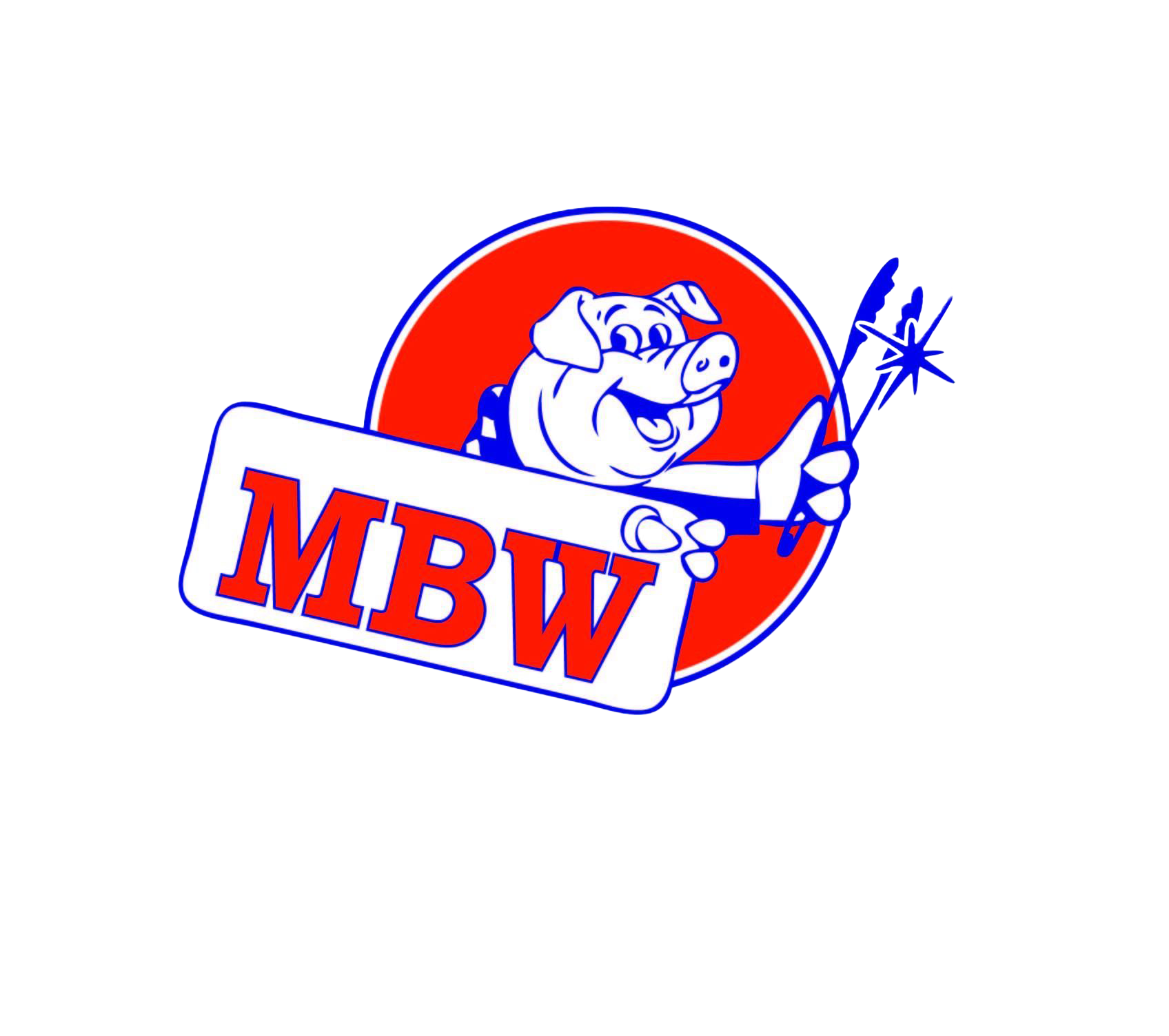 Logo: Smiling pig holding fireworks, red/blue circle, tag with