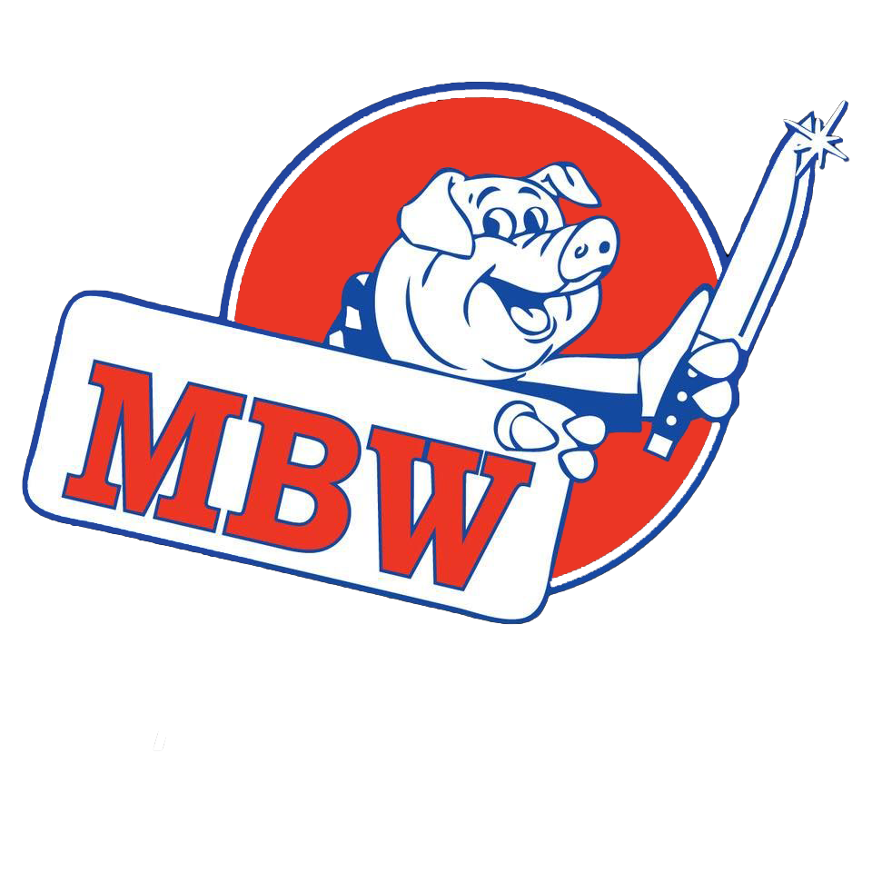 Pig mascot with cleaver in red circle, white sign says