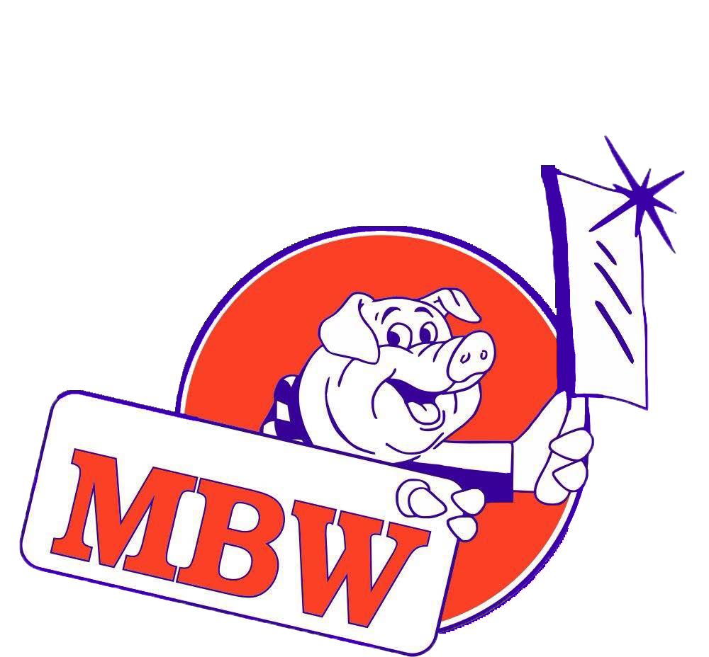 Cartoon pig holding a cleaver, inside a red circle, with a sign that reads 