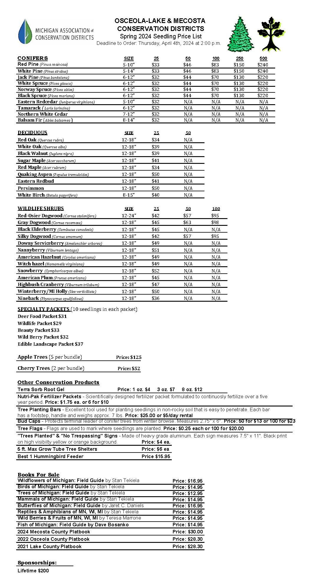 Mecosta/Osceola Lake Conservation District Reed City, MI Seedling Sales