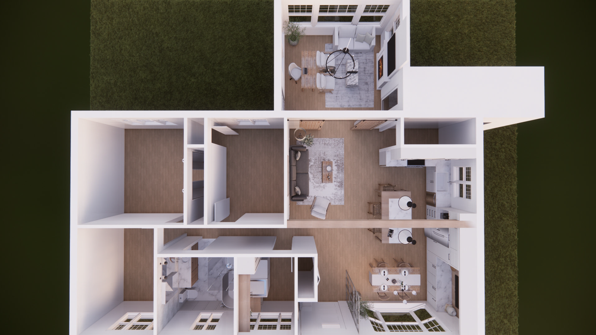 Vue aérienne de l'intérieur d'une maison moderne montrant ses différentes pièces : salon, cuisine et chambres.
