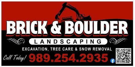 The logo for brick & boulder landscaping is red and black and says excavation , tree care and snow removal.