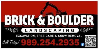 The logo for brick & boulder landscaping is red and black and says excavation , tree care and snow removal.