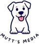 The logo for mutt 's media shows a white dog with its tongue out.