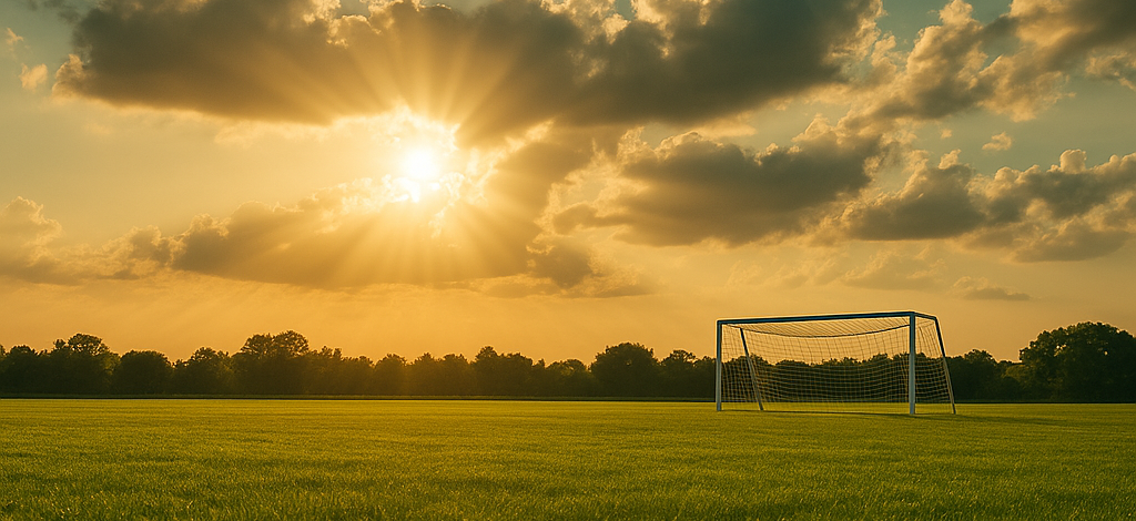 A soccer goal on a grassy field under a bright sunset, with trees lining the horizon and clouds.