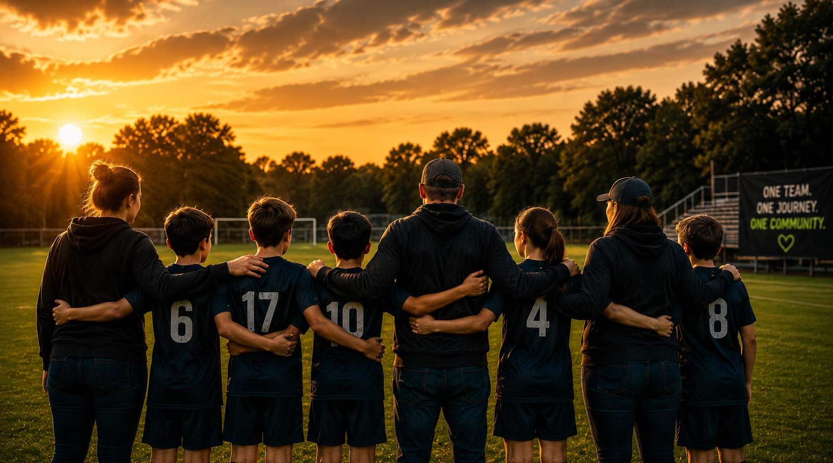 Soccer team stands arm-in-arm at sunset on a field, facing a glowing sky and a sign at right