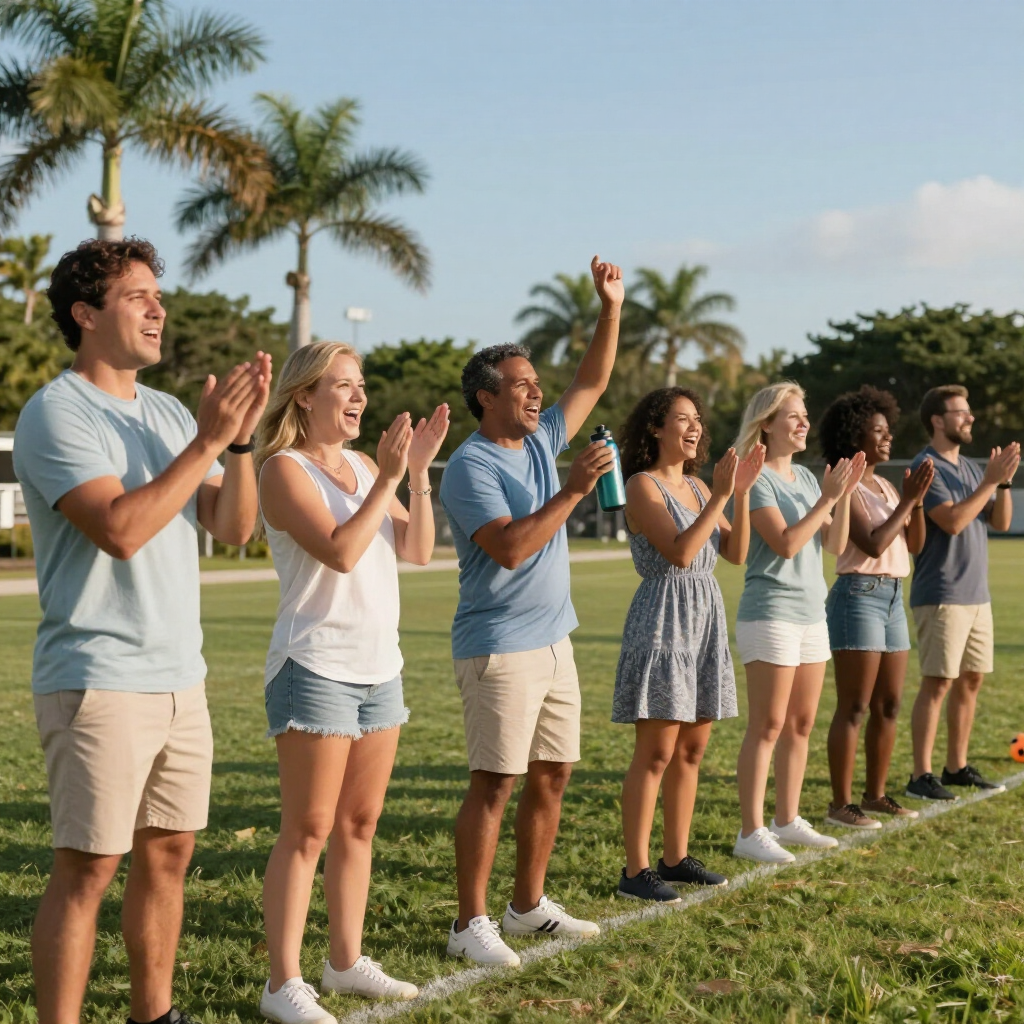 People clapping outdoors on a sunny lawn, with palm trees and a blue sky in the background.