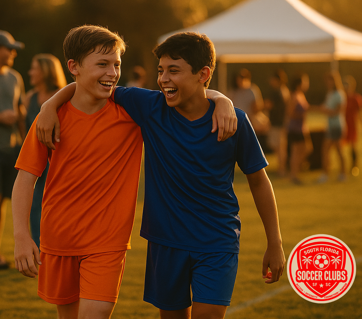 Two boys in soccer uniforms with arms around each other laughing on a soccer field.