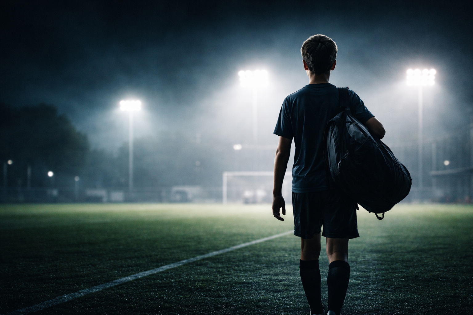 Person walking on a foggy lit soccer field at night, carrying a sports bag
