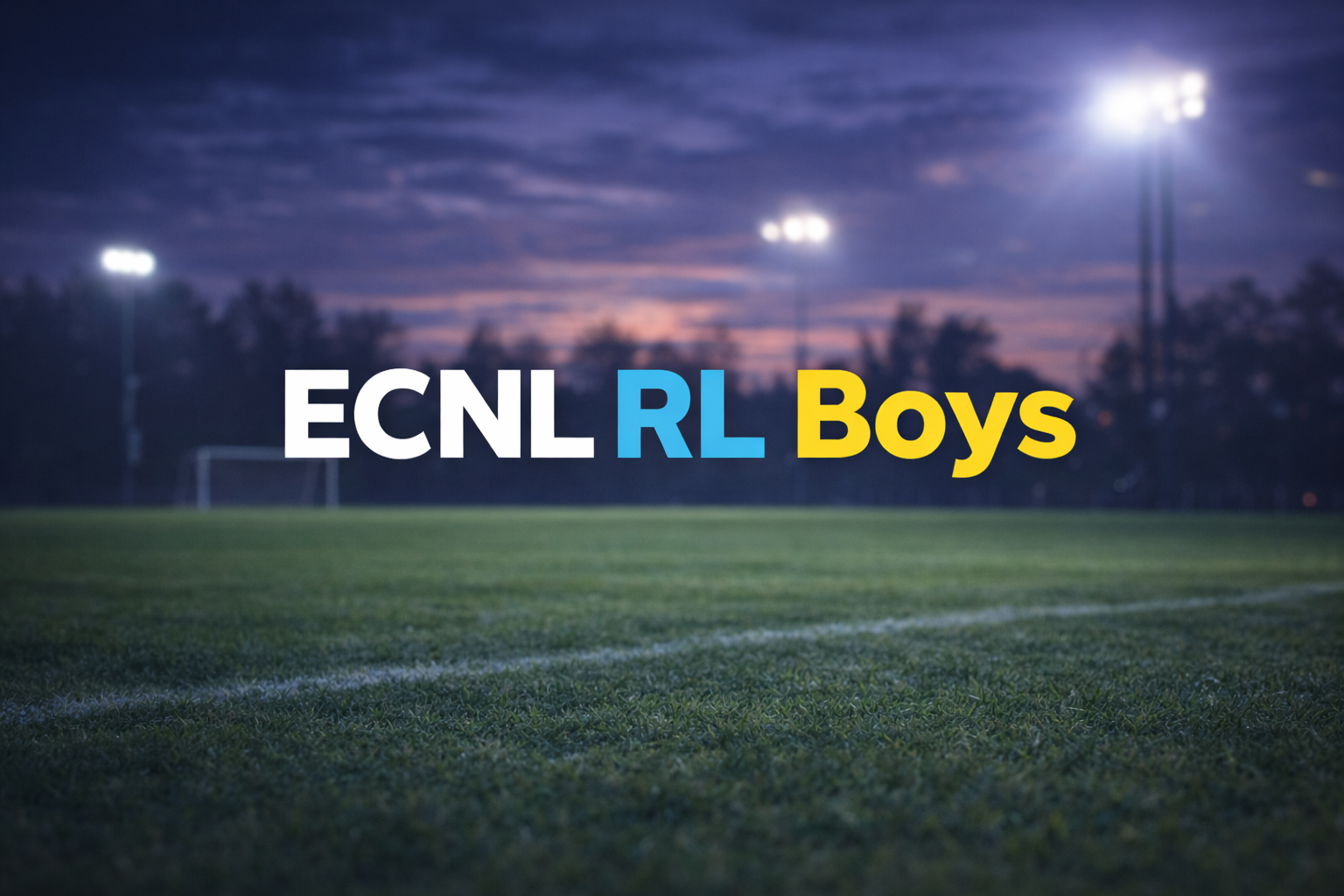 ECNL RL Boys logo on a soccer field at night, illuminated by stadium lights.