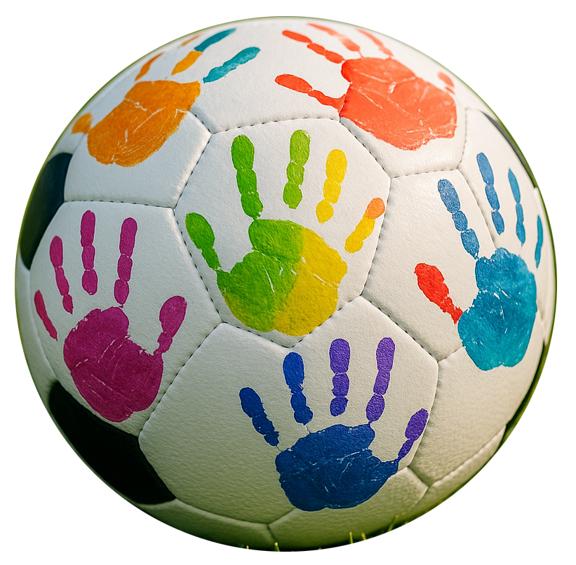 Soccer ball with colorful handprints.