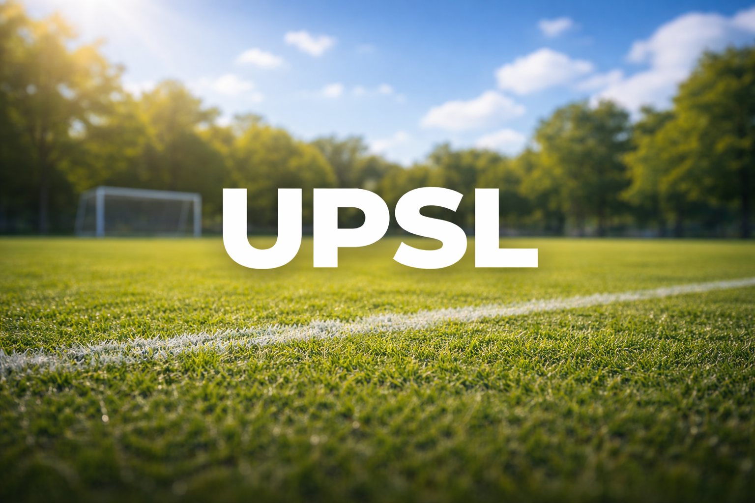 UPSL logo over a green soccer field with a goal in the background under a blue sky.