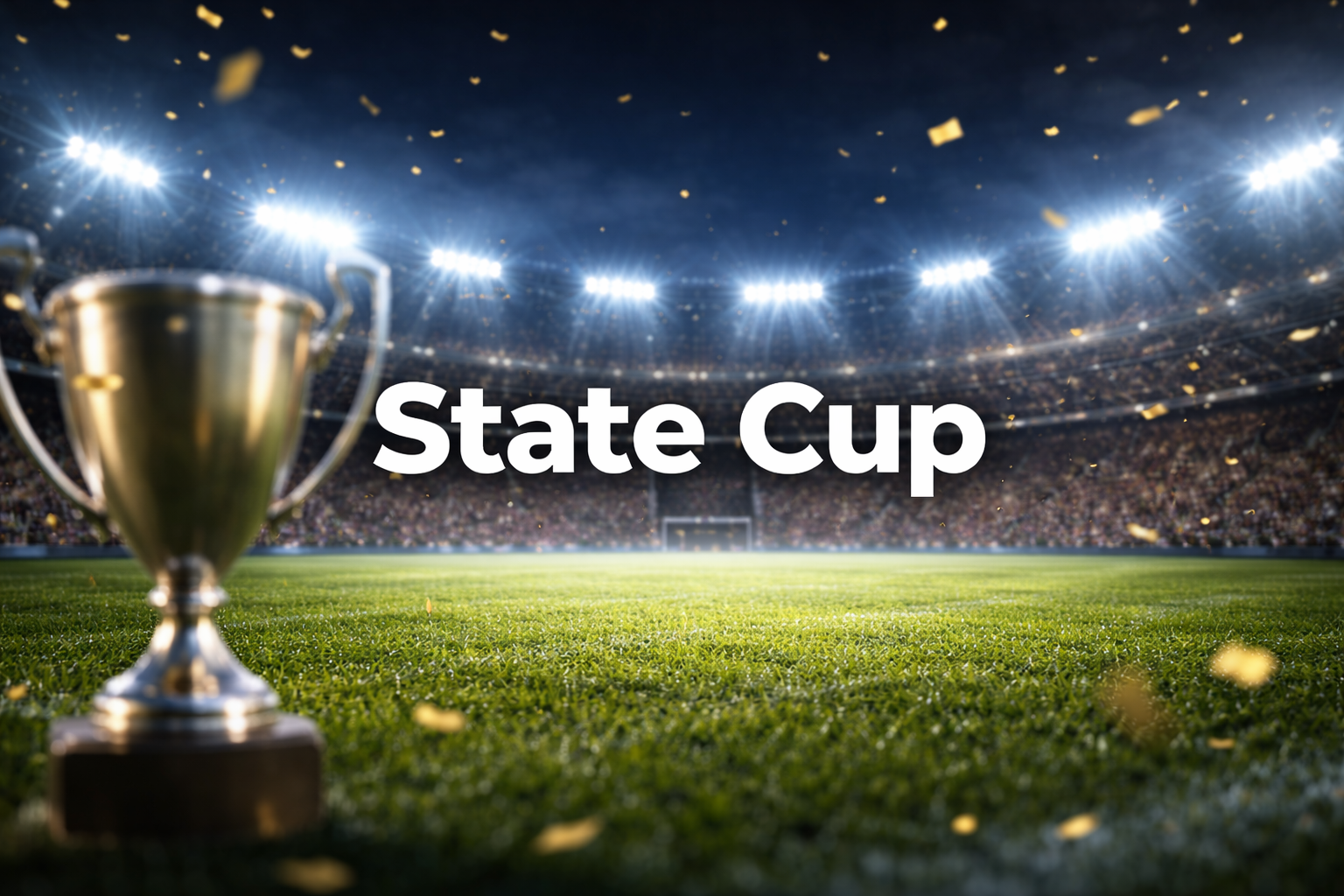 Golden trophy on a stadium field with 