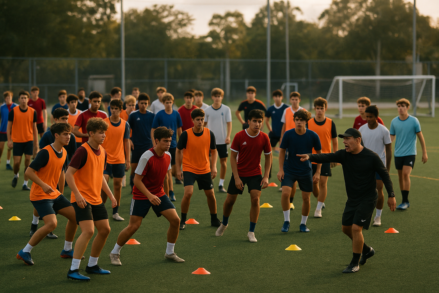 Soccer players in vests training on a green field, coach giving instructions, cones on ground, goal in background.