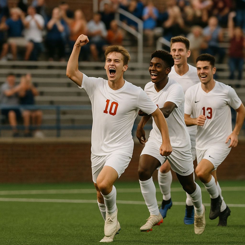 Soccer players in white uniforms celebrate a goal on a green field. Number 10 raises fist.