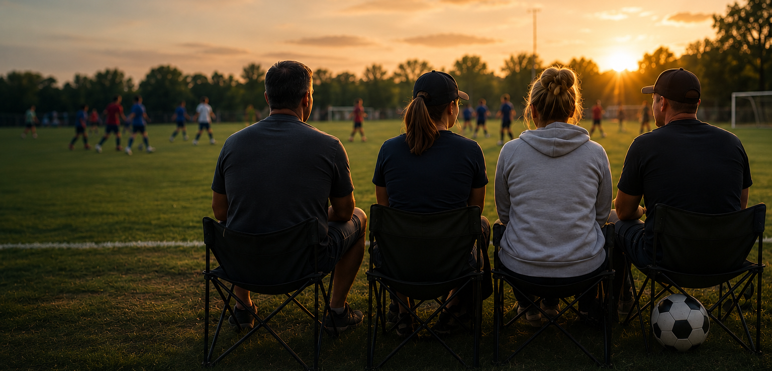 People sitting on folding chairs watching a soccer game at sunset on a grassy field