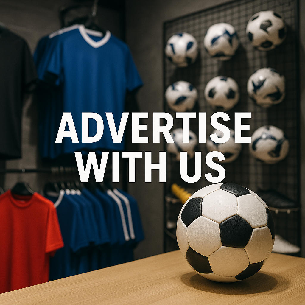 Soccer ball on table with jerseys and soccer balls, 