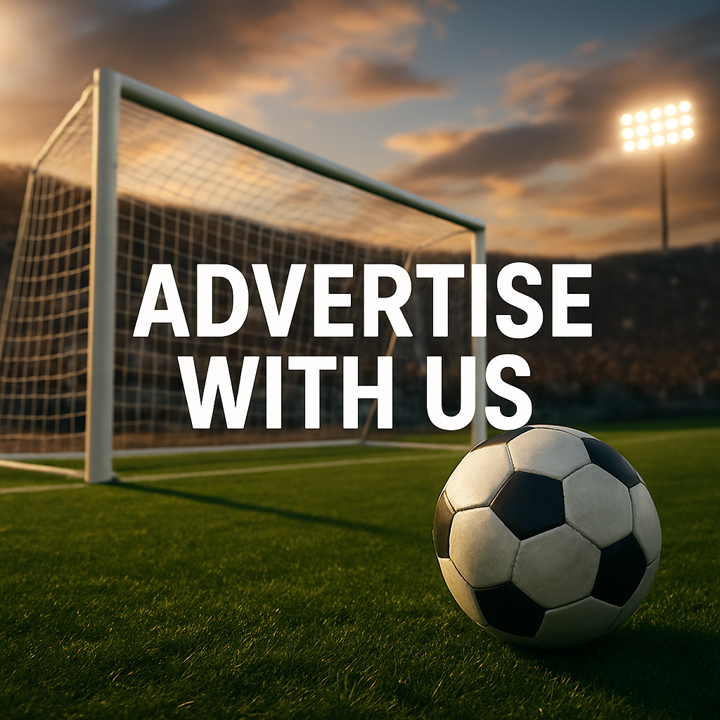 Soccer field with goal and ball, text: Advertise with us.