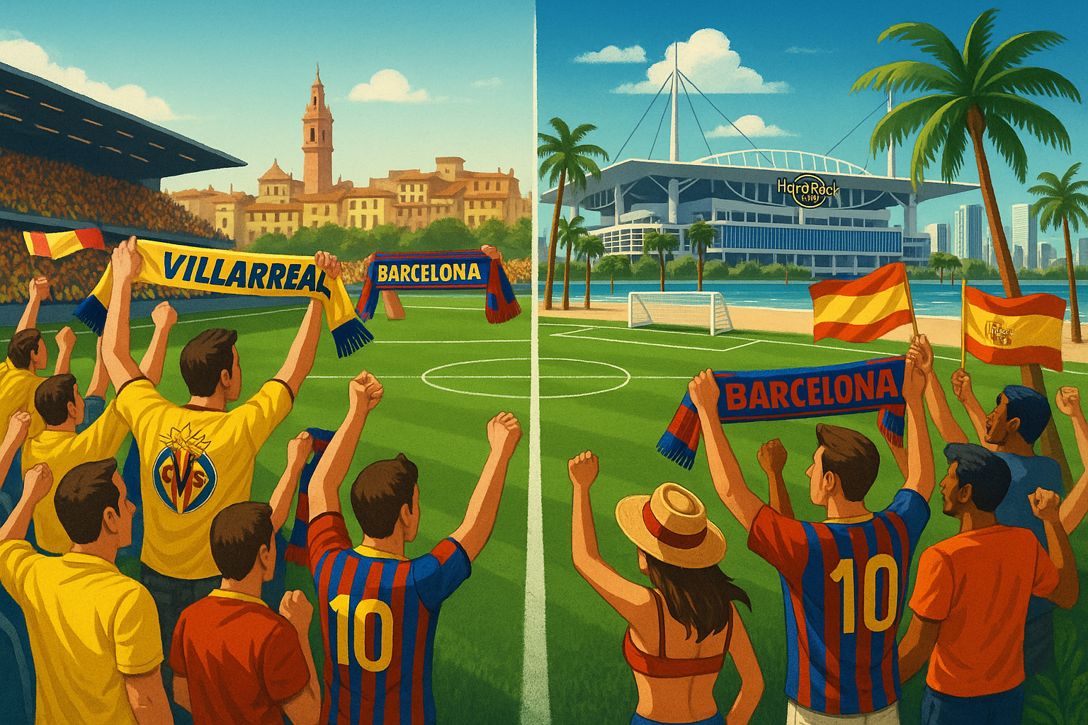 Soccer fans at two stadiums: Villarreal and Barcelona. Fans wave flags, buildings in background.