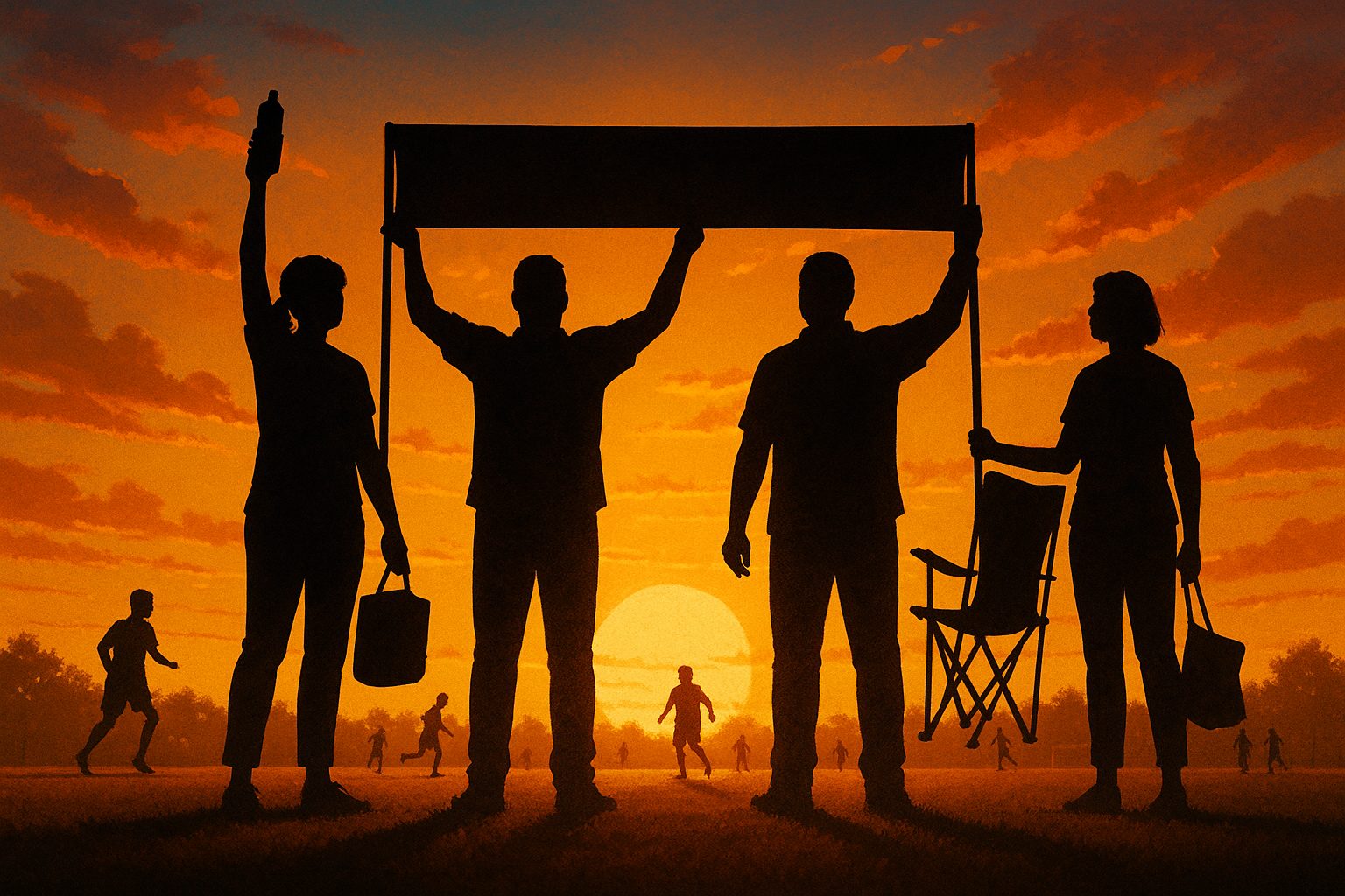 Silhouetted people holding a banner and items, set against an orange sunset; other figures in the distance.
