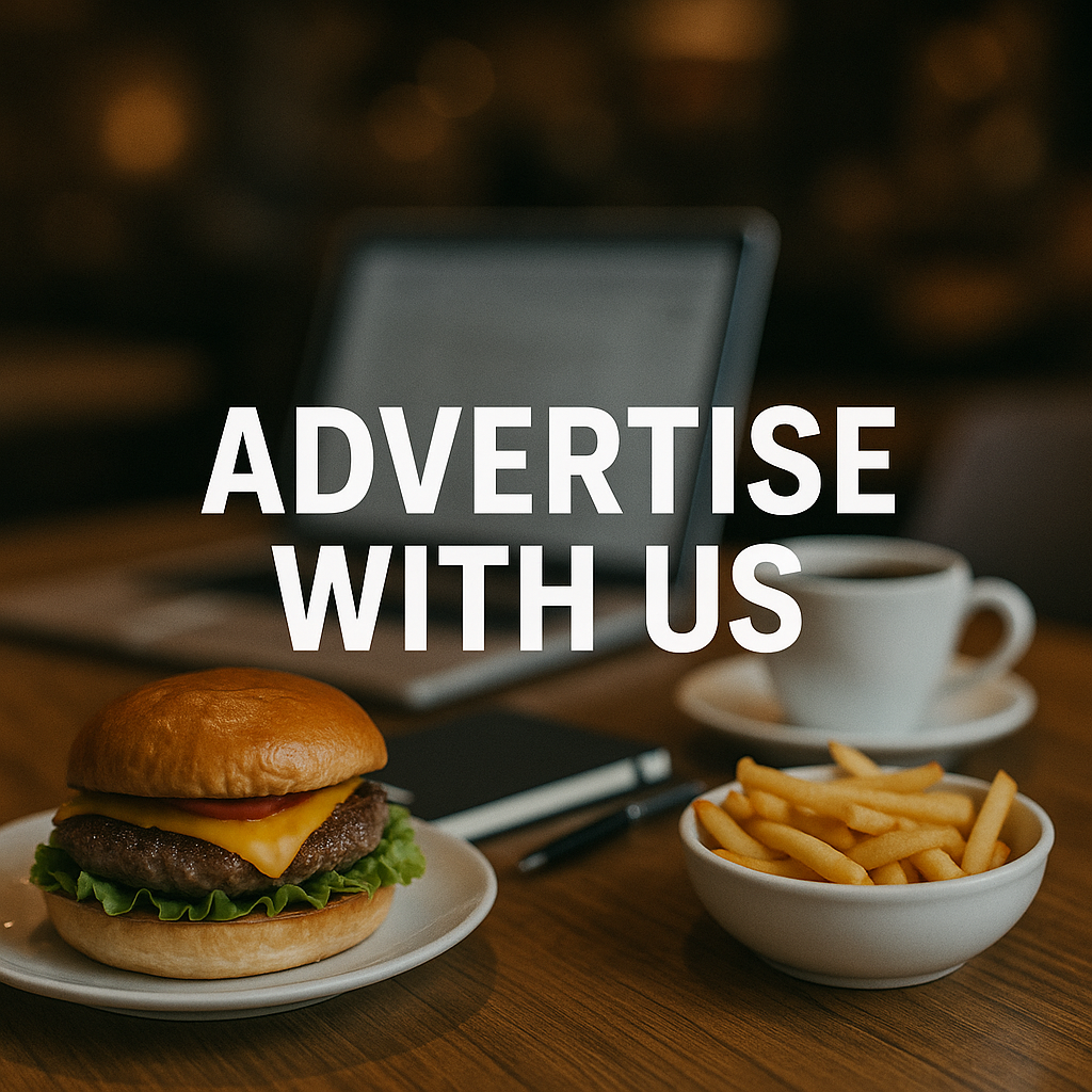 Burger, fries, and coffee on a table with a laptop, “ADVERTISE WITH US” text overlay.