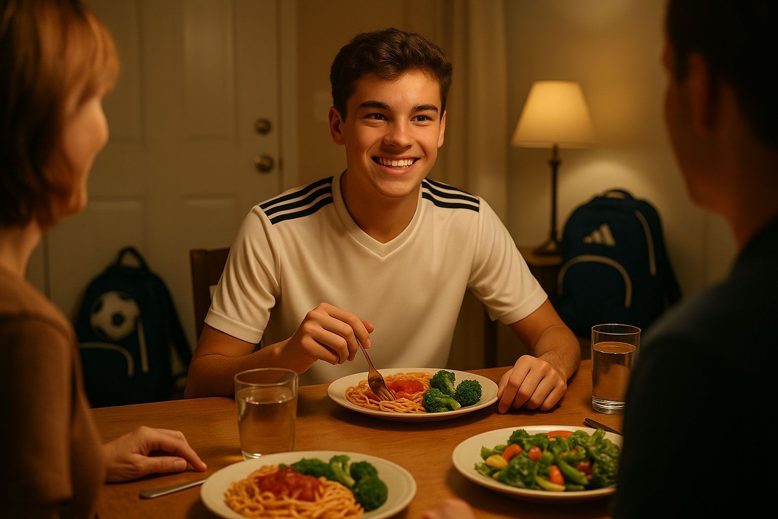 Family seated at a table eating spaghetti, broccoli and mixed vegetables. Smiling teen is the focus.