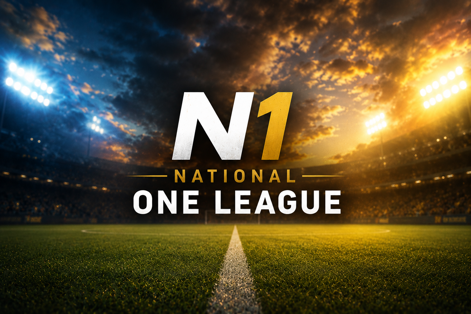NPL text on a rainy soccer field under stadium lights.
